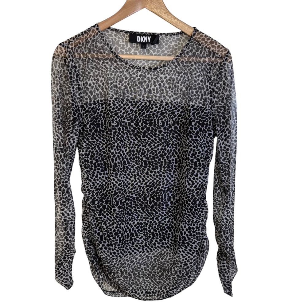 DKNY Mesh Top Women Medium Black Animal Print Excellent Ruched Long Sleeve